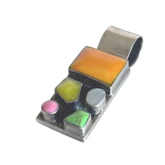 Modernist Sterling Silver Multi Stone Pendant Inlay Wearable Art Signed 925 - Picture 2 of 8